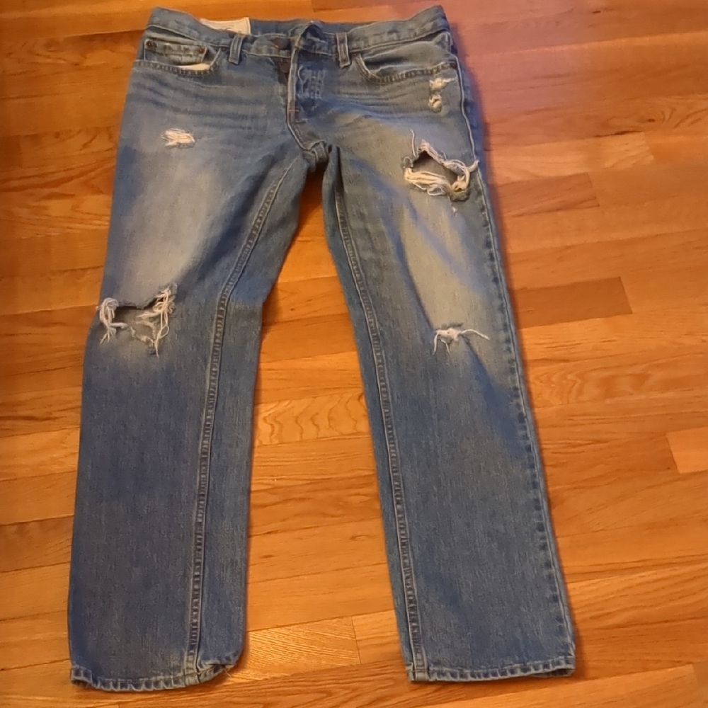 Hollister Men's Distressed Straight-Leg Jeans - Light Blue Wash